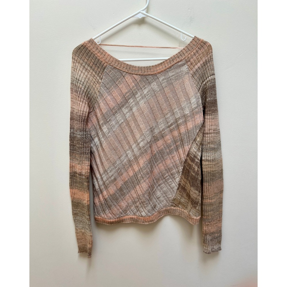 Free People Sweater Womens SP Taupe Pink Ribbed Knit Scoop Neck Raglan Patchwork